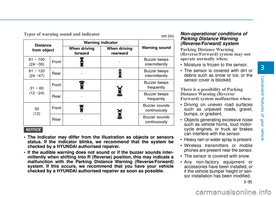 Hyundai Ioniq Electric 2019 Owners Manual - RHD (UK, Australia) 3-95
Convenient features of your vehicle
3
Non-operational conditions ofParking Distance Warning(Reverse/Forward) system
Parking Distance Warning
(Reverse/Forward) system may not
operate normally when Hyundai Ioniq Electric 2019 Owners Manual - RHD (UK, Australia) 3-95
Convenient features of your vehicle
3
Non-operational conditions ofParking Distance Warning(Reverse/Forward) system
Parking Distance Warning
(Reverse/Forward) system may not
operate normally when