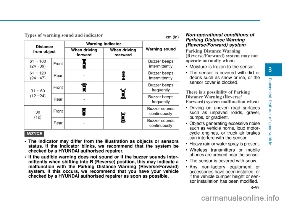 Hyundai Ioniq Electric 2019  Owners Manual - RHD (UK, Australia) 3-95
Convenient features of your vehicle
3
Non-operational conditions ofParking Distance Warning(Reverse/Forward) system
Parking Distance Warning
(Reverse/Forward) system may not
operate normally when