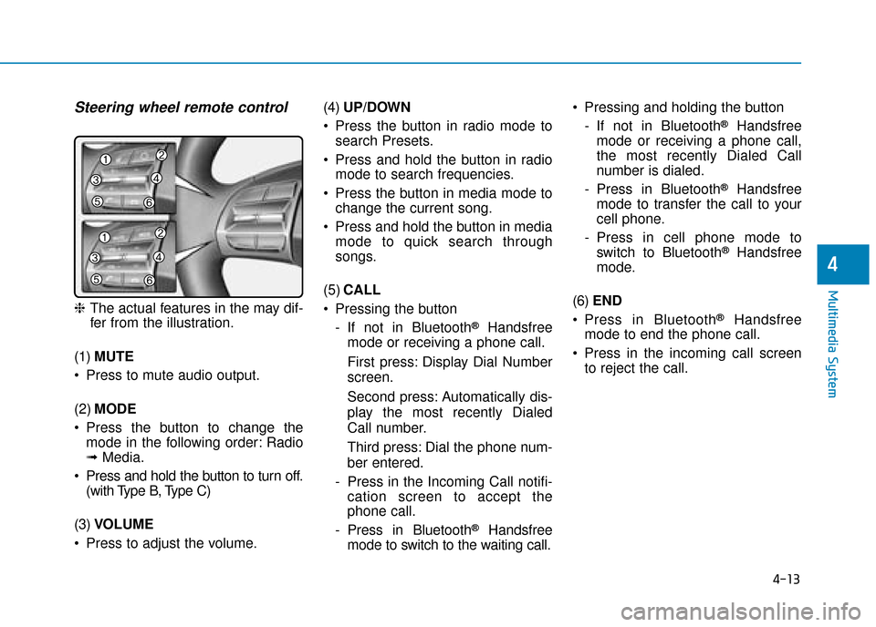 Hyundai Ioniq Electric 2019 Owners Manual - RHD (UK, Australia) 4-13
Multimedia System
4
Multimedia System
Steering wheel remote control
❈The actual features in the may dif-
fer from the illustration.
(1) MUTE
Press to mute audio output.
(2) MODE
Press the but Hyundai Ioniq Electric 2019 Owners Manual - RHD (UK, Australia) 4-13
Multimedia System
4
Multimedia System
Steering wheel remote control
❈The actual features in the may dif-
fer from the illustration.
(1) MUTE
Press to mute audio output.
(2) MODE
Press the but