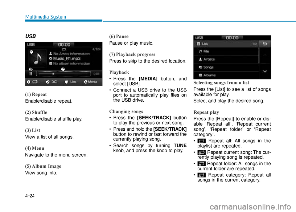 Hyundai Ioniq Electric 2019 Owners Manual - RHD (UK, Australia) 4-24
Multimedia System
USB
(1) Repeat
Enable/disable repeat.
(2) Shuffle
Enable/disable shuffle play.
(3) List
View a list of all songs.
(4) Menu
Navigate to the menu screen.
(5) Album Image
View song Hyundai Ioniq Electric 2019 Owners Manual - RHD (UK, Australia) 4-24
Multimedia System
USB
(1) Repeat
Enable/disable repeat.
(2) Shuffle
Enable/disable shuffle play.
(3) List
View a list of all songs.
(4) Menu
Navigate to the menu screen.
(5) Album Image
View song