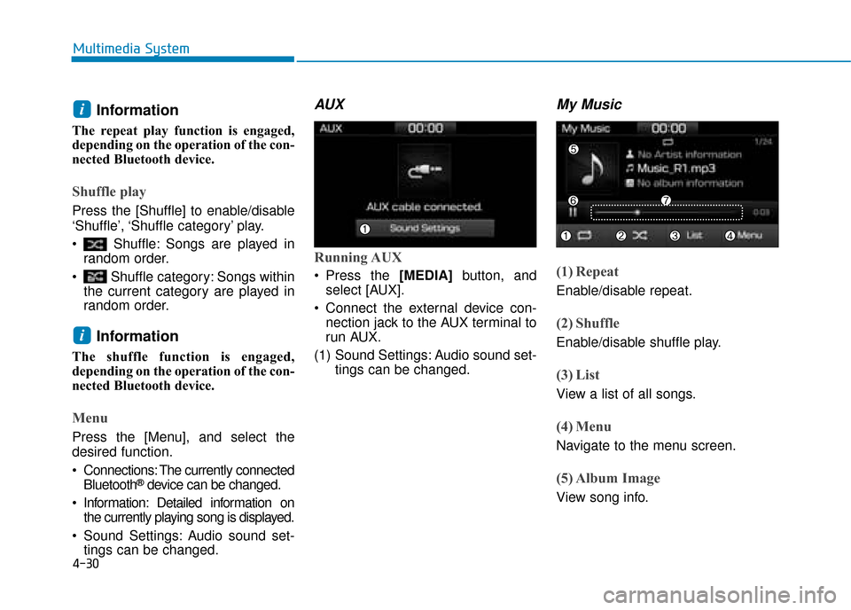 Hyundai Ioniq Electric 2019  Owners Manual - RHD (UK, Australia) 4-30
Multimedia System
Information 
The repeat play function is engaged,
depending on the operation of the con-
nected Bluetooth device.
Shuffle play
Press the [Shuffle] to enable/disable
‘Shuffle