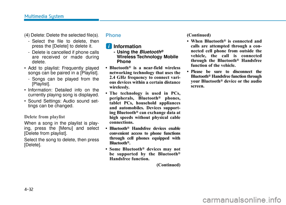 Hyundai Ioniq Electric 2019  Owners Manual - RHD (UK, Australia) 4-32
Multimedia System
(4) Delete: Delete the selected file(s)
.
- Select the file to delete, then press the [Delete] to delete it.
- Delete is cancelled if phone calls are received or made during
del