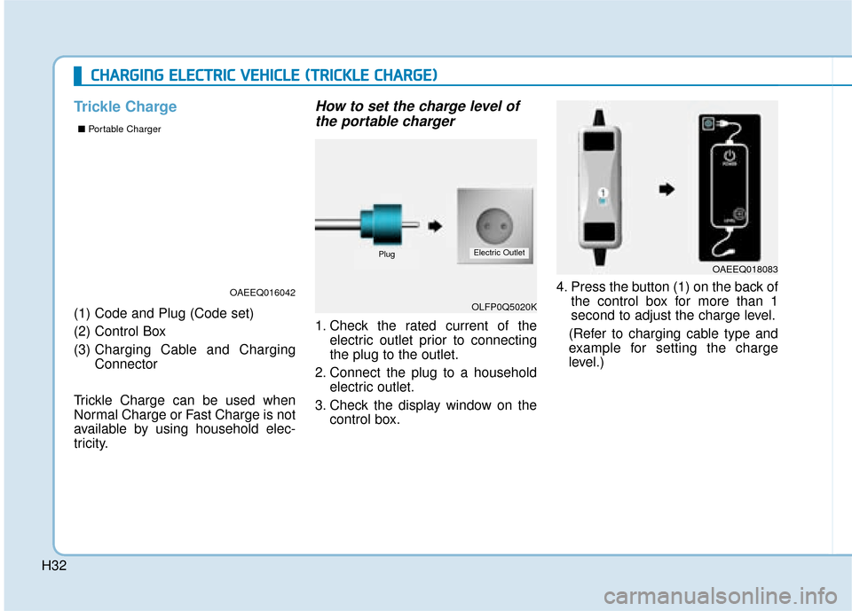 Hyundai Ioniq Electric 2019   - RHD (UK, Australia) Owners Guide H32
Trickle Charge
(1) Code and Plug (Code set) 
(2) Control Box
(3) Charging Cable and Charging
Connector
Trickle Charge can be used when
Normal Charge or Fast Charge is not
available by using househ