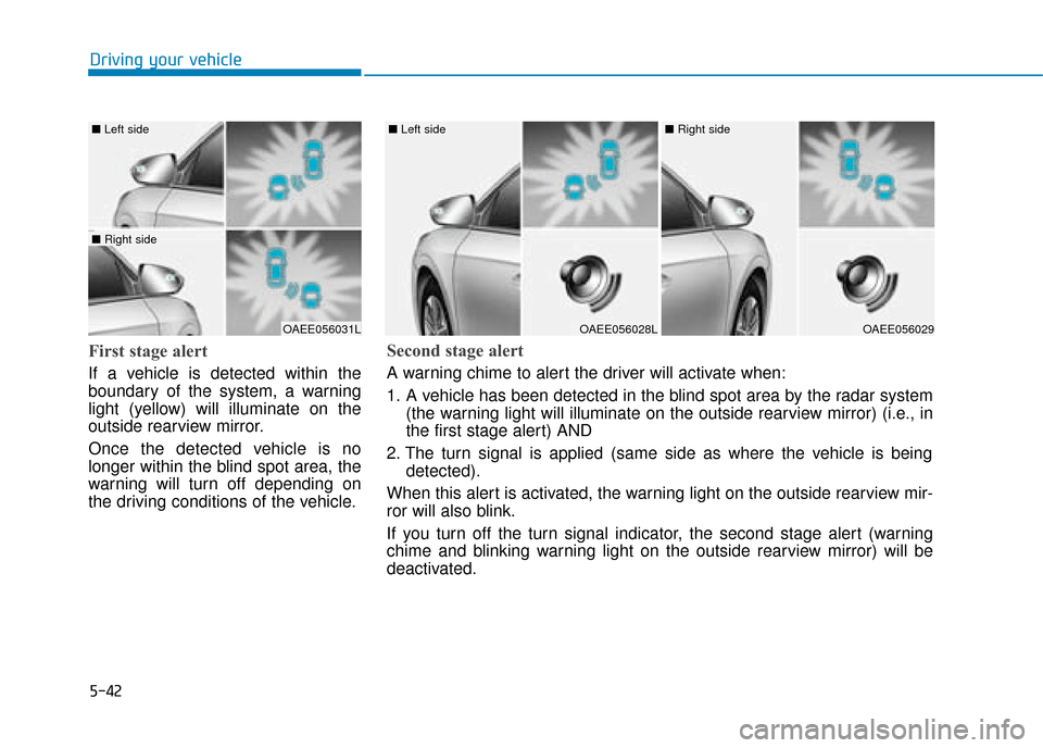 Hyundai Ioniq Electric 2019 Owners Manual - RHD (UK, Australia) 5-42
Driving your vehicle
First stage alert
If a vehicle is detected within the
boundary of the system, a warning
light (yellow) will illuminate on the
outside rearview mirror.
Once the detected vehic Hyundai Ioniq Electric 2019 Owners Manual - RHD (UK, Australia) 5-42
Driving your vehicle
First stage alert
If a vehicle is detected within the
boundary of the system, a warning
light (yellow) will illuminate on the
outside rearview mirror.
Once the detected vehic