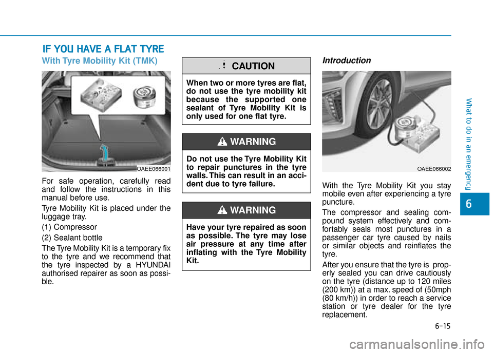 Hyundai Ioniq Electric 2019 Owners Manual - RHD (UK, Australia) 6-15
What to do in an emergency
6
With Tyre Mobility Kit (TMK)
For safe operation, carefully read
and follow the instructions in this
manual before use.
Tyre Mobility Kit is placed under the
luggage t Hyundai Ioniq Electric 2019 Owners Manual - RHD (UK, Australia) 6-15
What to do in an emergency
6
With Tyre Mobility Kit (TMK)
For safe operation, carefully read
and follow the instructions in this
manual before use.
Tyre Mobility Kit is placed under the
luggage t