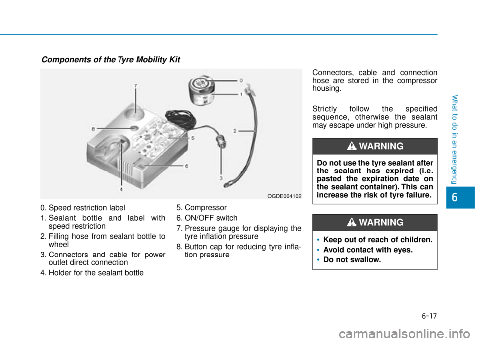 Hyundai Ioniq Electric 2019 Owners Manual - RHD (UK, Australia) 6-17
What to do in an emergency
6
0. Speed restriction label
1. Sealant bottle and label withspeed restriction
2. Filling hose from sealant bottle to wheel
3. Connectors and cable for power outlet dir Hyundai Ioniq Electric 2019 Owners Manual - RHD (UK, Australia) 6-17
What to do in an emergency
6
0. Speed restriction label
1. Sealant bottle and label withspeed restriction
2. Filling hose from sealant bottle to wheel
3. Connectors and cable for power outlet dir