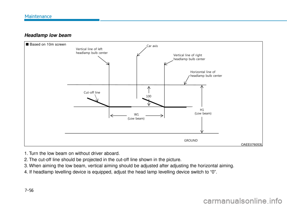 Hyundai Ioniq Electric 2019  Owners Manual - RHD (UK, Australia) 7-56
Maintenance
Headlamp low beam
1. Turn the low beam on without driver aboard.
2. The cut-off line should be projected in the cut-off line shown in the picture.
3. When aiming the low beam, vertica