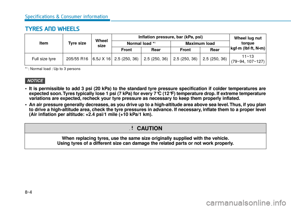 Hyundai Ioniq Electric 2019  Owners Manual - RHD (UK, Australia) 8-4
Specifications & Consumer information
T
TY
Y R
RE
ES
S 
 A
A N
N D
D 
 W
W H
HE
EE
EL
LS
S
Item Tyre size Wheel
size Inflation pressure, bar (kPa, psi)
Wheel lug nut
torque 
kgf·m (lbf·ft, N
Nor