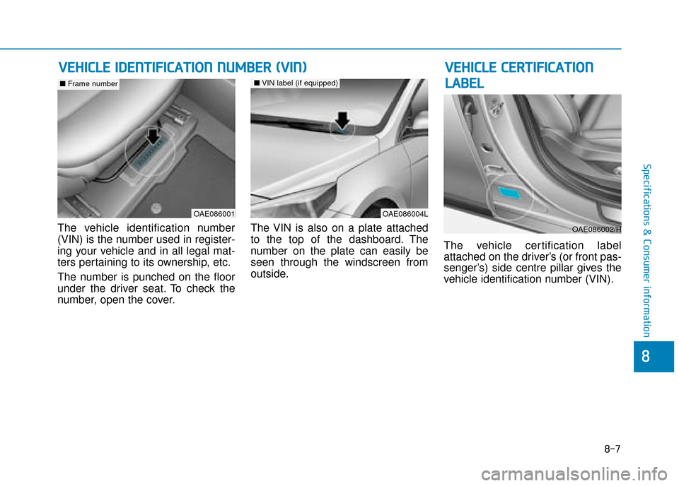 Hyundai Ioniq Electric 2019  Owners Manual - RHD (UK, Australia) 8-7
8
Specifications & Consumer information
The vehicle identification number
(VIN) is the number used in register-
ing your vehicle and in all legal mat-
ters pertaining to its ownership, etc.
The nu