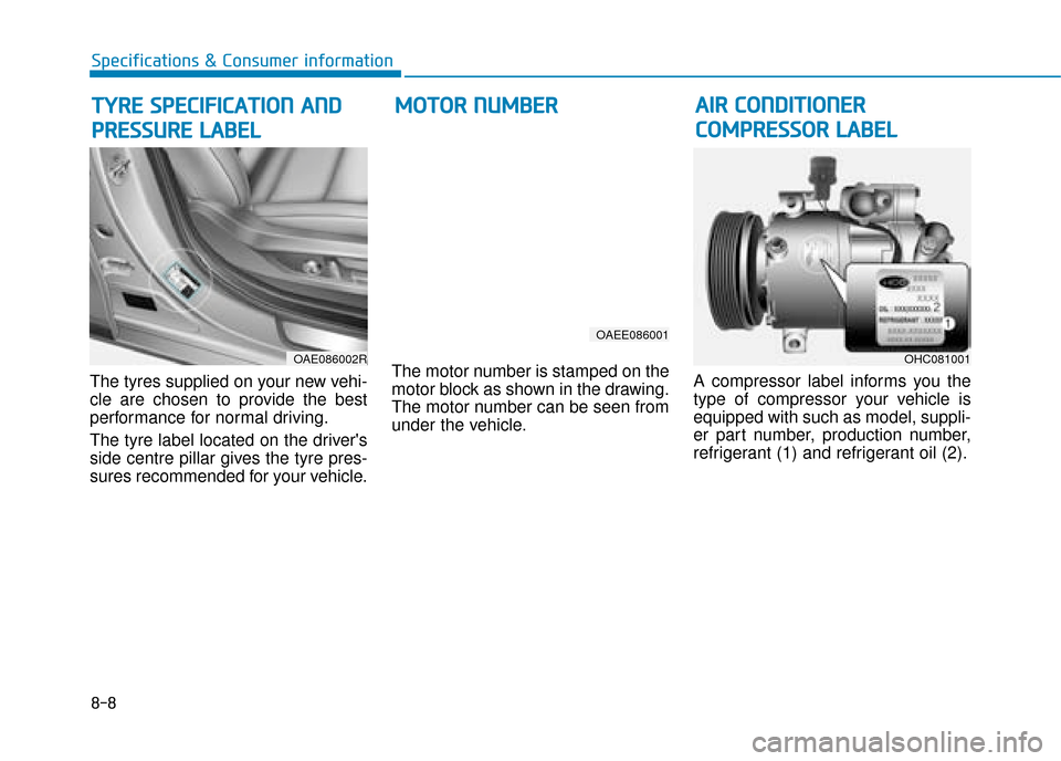 Hyundai Ioniq Electric 2019  Owners Manual - RHD (UK, Australia) 8-8
Specifications & Consumer information
The tyres supplied on your new vehi-
cle are chosen to provide the best
performance for normal driving.
The tyre label located on the drivers
side centre pil