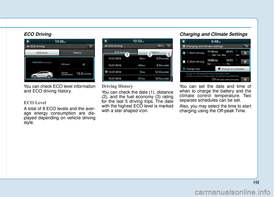 Hyundai Ioniq Electric 2019  Owners Manual - RHD (UK, Australia) H9
ECO Driving
You can check ECO level information
and ECO driving history.
ECO Level
A total of 8 ECO levels and the aver-
age energy consumption are dis-
played depending on vehicle driving
style.
D
