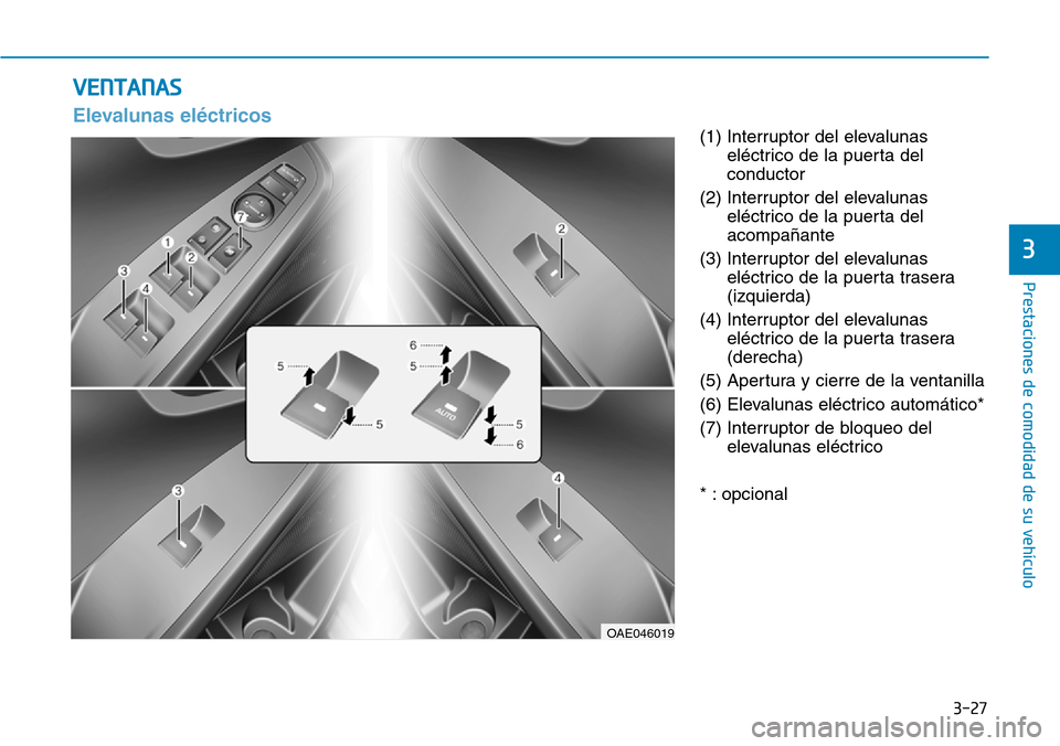 Hyundai Ioniq Electric 2019 Manual del propietario (in Spanish) 3-27
Prestaciones de comodidad de su vehículo
3
(1) Interruptor del elevalunas
eléctrico de la puerta del
conductor
(2) Interruptor del elevalunas
eléctrico de la puerta del
acompañante
(3) Inter Hyundai Ioniq Electric 2019 Manual del propietario (in Spanish) 3-27
Prestaciones de comodidad de su vehículo
3
(1) Interruptor del elevalunas
eléctrico de la puerta del
conductor
(2) Interruptor del elevalunas
eléctrico de la puerta del
acompañante
(3) Inter
