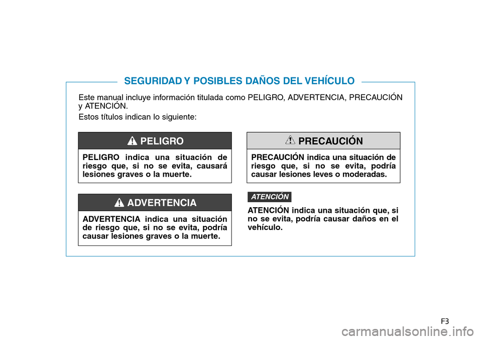 Hyundai Ioniq Electric 2019  Manual del propietario (in Spanish) F3
Este manual incluye información titulada como PELIGRO, ADVERTENCIA, PRECAUCIÓN
y ATENCIÓN.
Estos títulos indican lo siguiente:
SEGURIDAD Y POSIBLES DAÑOS DEL VEHÍCULO
PELIGRO indica una situa