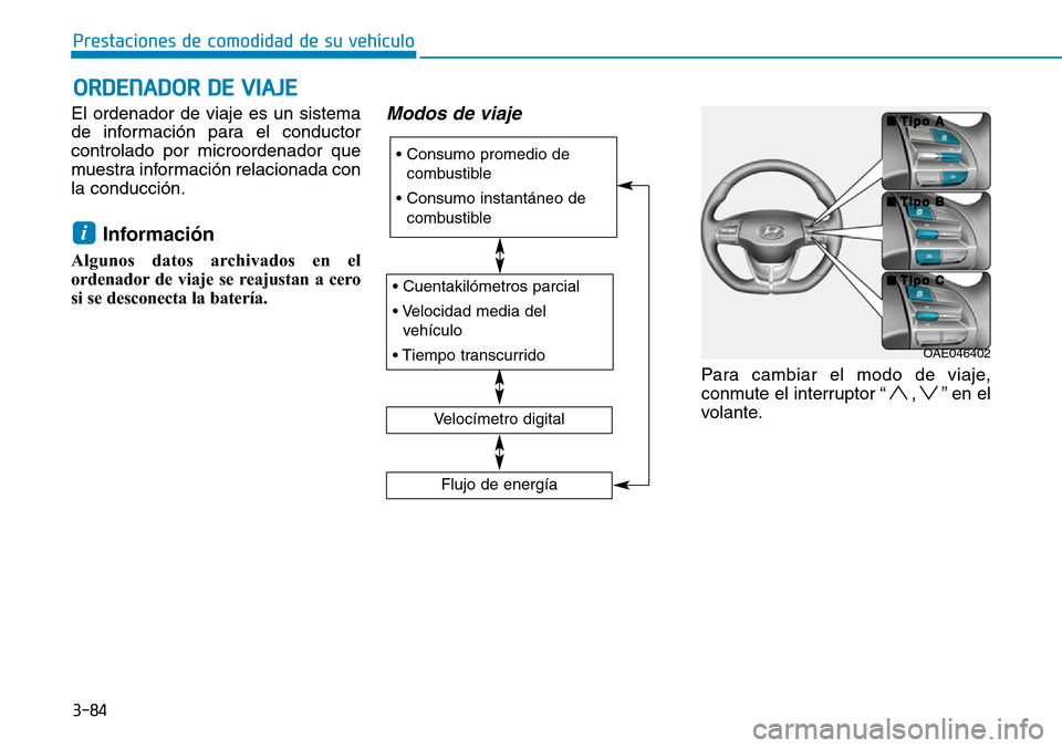 Hyundai Ioniq Electric 2019 Manual del propietario (in Spanish) 3-84
Prestaciones de comodidad de su vehículo
ORDENADOR DE VIAJE
El ordenador de viaje es un sistema
de información para el conductor
controlado por microordenador que
muestra información relacion Hyundai Ioniq Electric 2019 Manual del propietario (in Spanish) 3-84
Prestaciones de comodidad de su vehículo
ORDENADOR DE VIAJE
El ordenador de viaje es un sistema
de información para el conductor
controlado por microordenador que
muestra información relacion