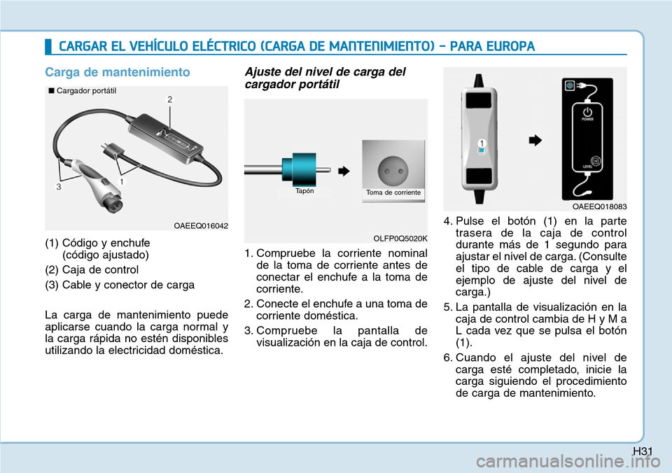 Hyundai Ioniq Electric 2019 Manual del propietario (in Spanish) H31
Carga de mantenimiento
(1) Código y enchufe
(código ajustado)
(2) Caja de control
(3) Cable y conector de carga
La carga de mantenimiento puede
aplicarse cuando la carga normal y
la carga rápi Hyundai Ioniq Electric 2019 Manual del propietario (in Spanish) H31
Carga de mantenimiento
(1) Código y enchufe
(código ajustado)
(2) Caja de control
(3) Cable y conector de carga
La carga de mantenimiento puede
aplicarse cuando la carga normal y
la carga rápi