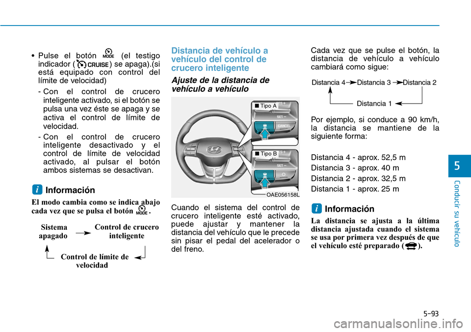 Hyundai Ioniq Electric 2019 Manual del propietario (in Spanish) 5-93
Conducir su vehículo
5
• Pulse el botón (el testigo
indicador ( ) se apaga).(si
está equipado con control del
límite de velocidad)
- Con el control de crucero
inteligente activado, si el b Hyundai Ioniq Electric 2019 Manual del propietario (in Spanish) 5-93
Conducir su vehículo
5
• Pulse el botón (el testigo
indicador ( ) se apaga).(si
está equipado con control del
límite de velocidad)
- Con el control de crucero
inteligente activado, si el b