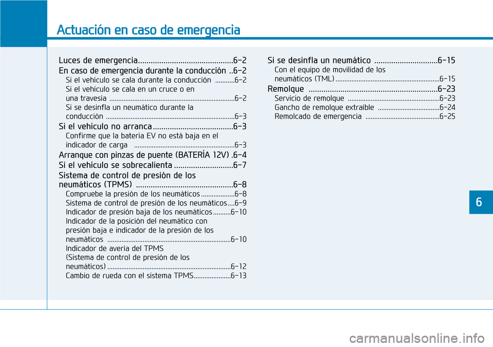 Hyundai Ioniq Electric 2019  Manual del propietario (in Spanish) Actuación en caso de emergencia 
Luces de emergencia.............................................6-2
En caso de emergencia durante la conducción ..6-2
Si el vehículo se cala durante la conducción 