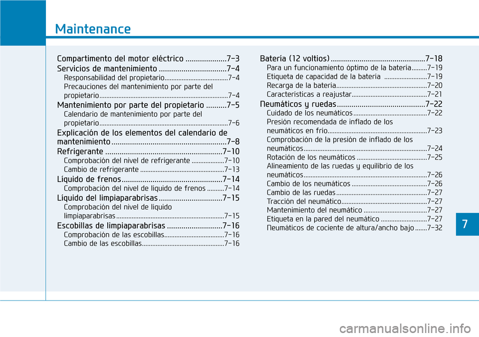Hyundai Ioniq Electric 2019  Manual del propietario (in Spanish) 7
Mantenimiento
7
Maintenance
Compartimento del motor eléctrico ....................7-3
Servicios de mantenimiento .................................7-4
Responsabilidad del propietario................