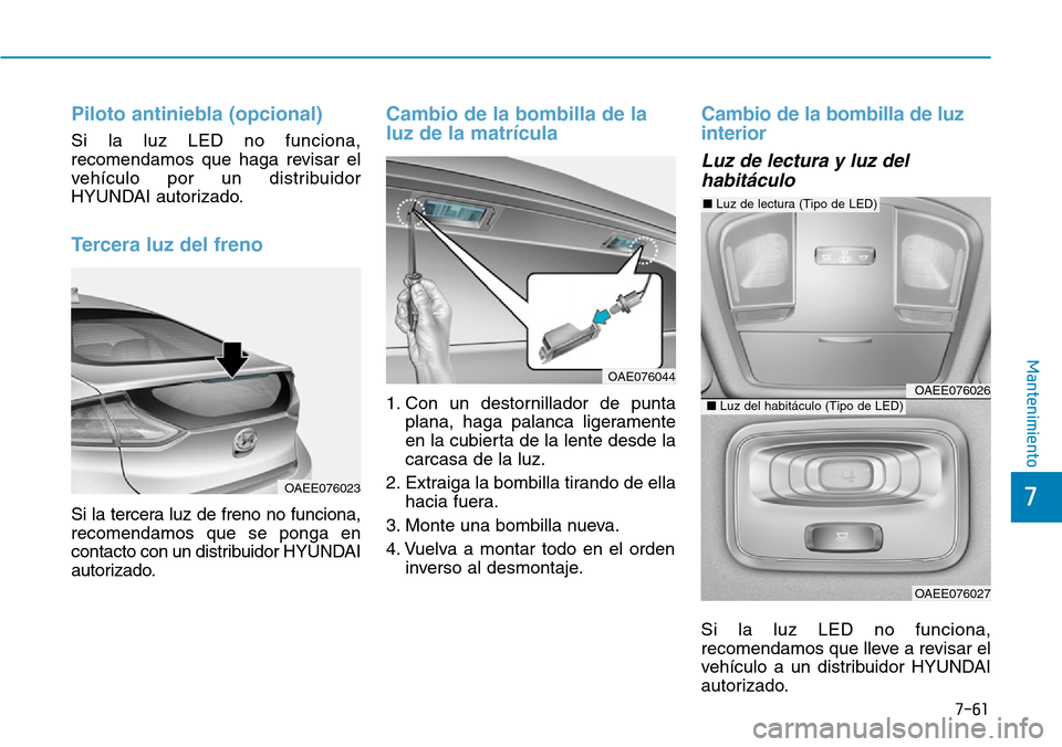 Hyundai Ioniq Electric 2019  Manual del propietario (in Spanish) 7-61
7
Mantenimiento
Piloto antiniebla (opcional)
Si la luz LED no funciona,
recomendamos que haga revisar el
vehículo por un distribuidor
HYUNDAI autorizado.
Tercera luz del freno
Si la tercera luz 