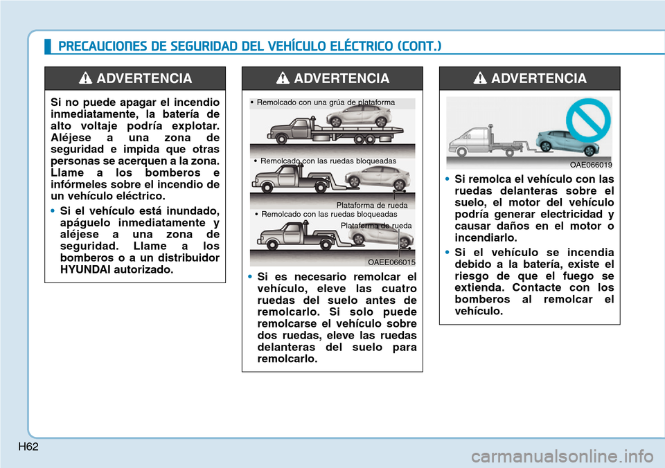 Hyundai Ioniq Electric 2019 Manual del propietario (in Spanish) H62
PRECAUCIONES DE SEGURIDAD DEL VEHÍCULO ELÉCTRICO (CONT.)
Si no puede apagar el incendio
inmediatamente, la batería de
alto voltaje podría explotar.
Aléjese a una zona de
seguridad e impida qu Hyundai Ioniq Electric 2019 Manual del propietario (in Spanish) H62
PRECAUCIONES DE SEGURIDAD DEL VEHÍCULO ELÉCTRICO (CONT.)
Si no puede apagar el incendio
inmediatamente, la batería de
alto voltaje podría explotar.
Aléjese a una zona de
seguridad e impida qu