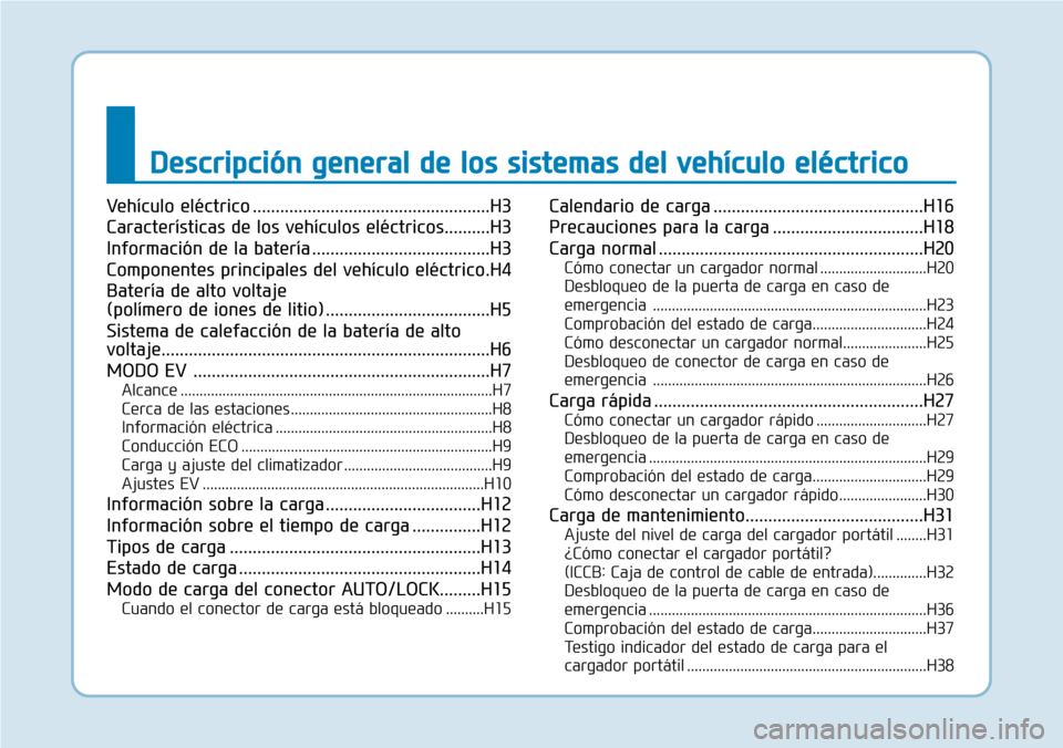 Hyundai Ioniq Electric 2019 Manual del propietario (in Spanish) Descripción general de los sistemas del vehículo eléctrico
Vehículo eléctrico ....................................................H3
Características de los vehículos eléctricos..........H3
Inf Hyundai Ioniq Electric 2019 Manual del propietario (in Spanish) Descripción general de los sistemas del vehículo eléctrico
Vehículo eléctrico ....................................................H3
Características de los vehículos eléctricos..........H3
Inf