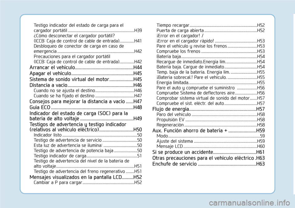 Hyundai Ioniq Electric 2019 Manual del propietario (in Spanish) Testigo indicador del estado de carga para el
cargador portátil ...............................................................H39
¿Cómo desconectar el cargador portátil?
(ICCB: Caja de control d Hyundai Ioniq Electric 2019 Manual del propietario (in Spanish) Testigo indicador del estado de carga para el
cargador portátil ...............................................................H39
¿Cómo desconectar el cargador portátil?
(ICCB: Caja de control d