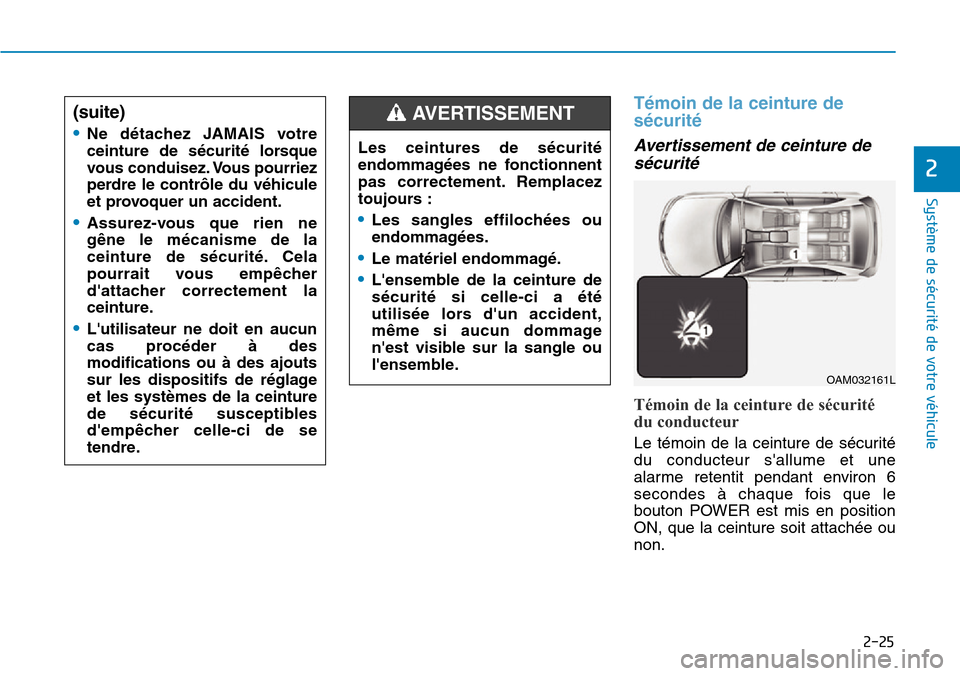 Hyundai Ioniq Electric 2019  Manuel du propriétaire (in French) 2-25
Système de sécurité de votre véhicule 
2
Témoin de la ceinture de
sécurité  
Avertissement de ceinture de
sécurité 
Témoin de la ceinture de sécurité
du conducteur
Le témoin de la ce