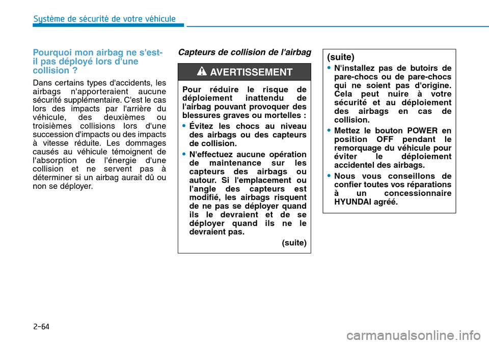 Hyundai Ioniq Electric 2019  Manuel du propriétaire (in French) 2-64
Système de sécurité de votre véhicule 
Pourquoi mon airbag ne sest-
il pas déployé lors dune
collision ? 
Dans certains types daccidents, les
airbags napporteraient aucune
sécurité su