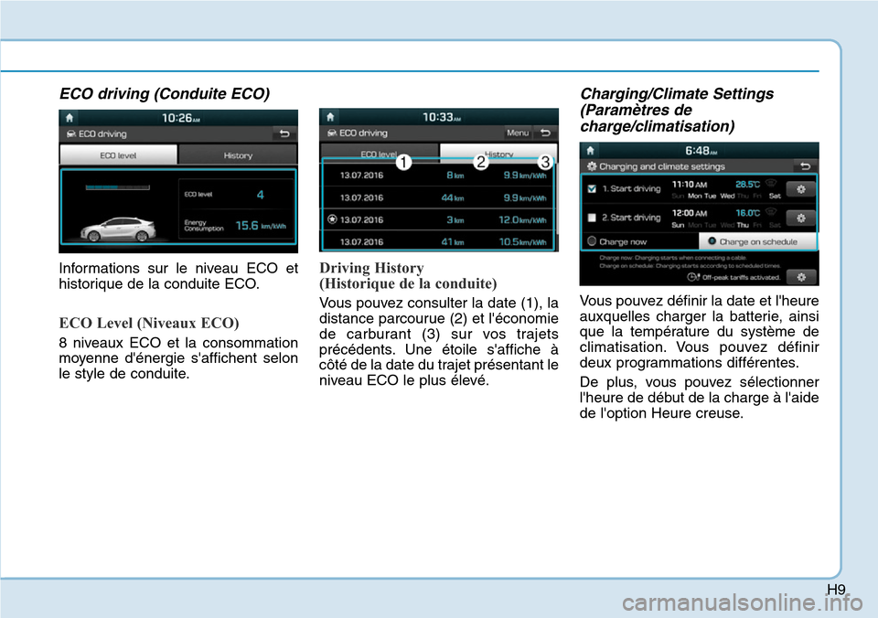 Hyundai Ioniq Electric 2019  Manuel du propriétaire (in French) H9
ECO driving (Conduite ECO)
Informations sur le niveau ECO et
historique de la conduite ECO.
ECO Level (Niveaux ECO)
8 niveaux ECO et la consommation
moyenne dénergie saffichent selon
le style de