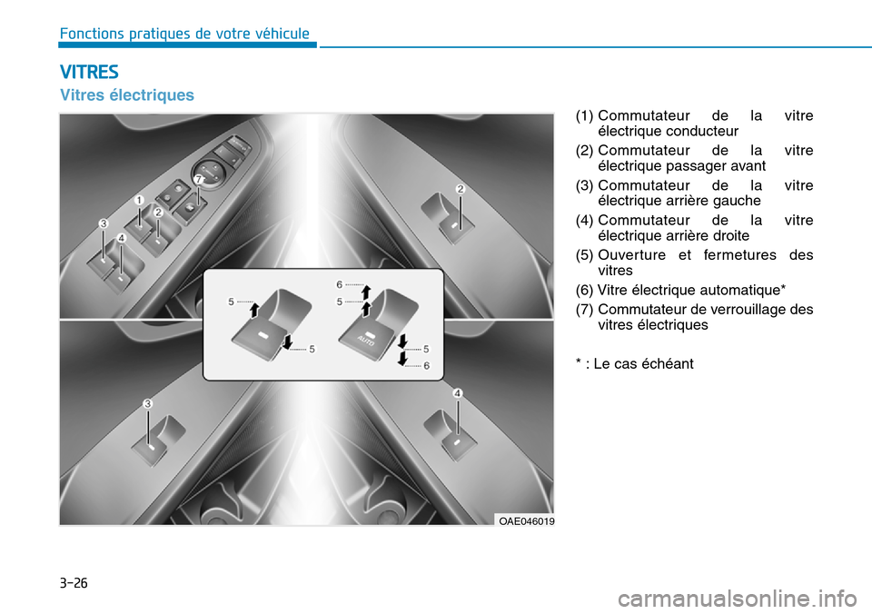 Hyundai Ioniq Electric 2019 Manuel du propriétaire (in French) 3-26
(1) Commutateur de la vitre
électrique conducteur
(2) Commutateur de la vitre
électrique passager avant
(3) Commutateur de la vitre
électrique arrière gauche
(4) Commutateur de la vitre
élec Hyundai Ioniq Electric 2019 Manuel du propriétaire (in French) 3-26
(1) Commutateur de la vitre
électrique conducteur
(2) Commutateur de la vitre
électrique passager avant
(3) Commutateur de la vitre
électrique arrière gauche
(4) Commutateur de la vitre
élec