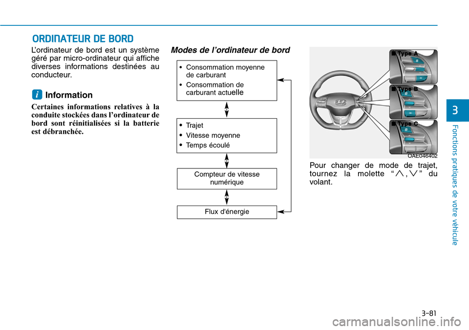 Hyundai Ioniq Electric 2019 Manuel du propriétaire (in French) 3-81
Fonctions pratiques de votre véhicule
3
ORDINATEUR DE BORD
L’ordinateur de bord est un système
géré par micro-ordinateur qui affiche
diverses informations destinées au
conducteur.
Informa Hyundai Ioniq Electric 2019 Manuel du propriétaire (in French) 3-81
Fonctions pratiques de votre véhicule
3
ORDINATEUR DE BORD
L’ordinateur de bord est un système
géré par micro-ordinateur qui affiche
diverses informations destinées au
conducteur.
Informa