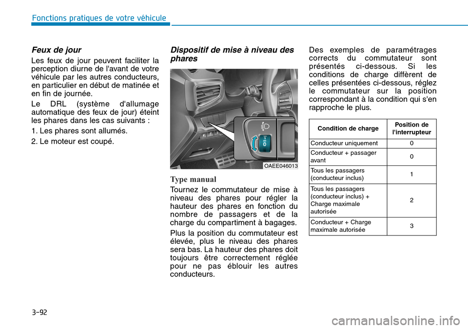 Hyundai Ioniq Electric 2019 Manuel du propriétaire (in French) 3-92
Fonctions pratiques de votre véhicule
Feux de jour
Les feux de jour peuvent faciliter la
perception diurne de lavant de votre
véhicule par les autres conducteurs,
en particulier en début de Hyundai Ioniq Electric 2019 Manuel du propriétaire (in French) 3-92
Fonctions pratiques de votre véhicule
Feux de jour
Les feux de jour peuvent faciliter la
perception diurne de lavant de votre
véhicule par les autres conducteurs,
en particulier en début de