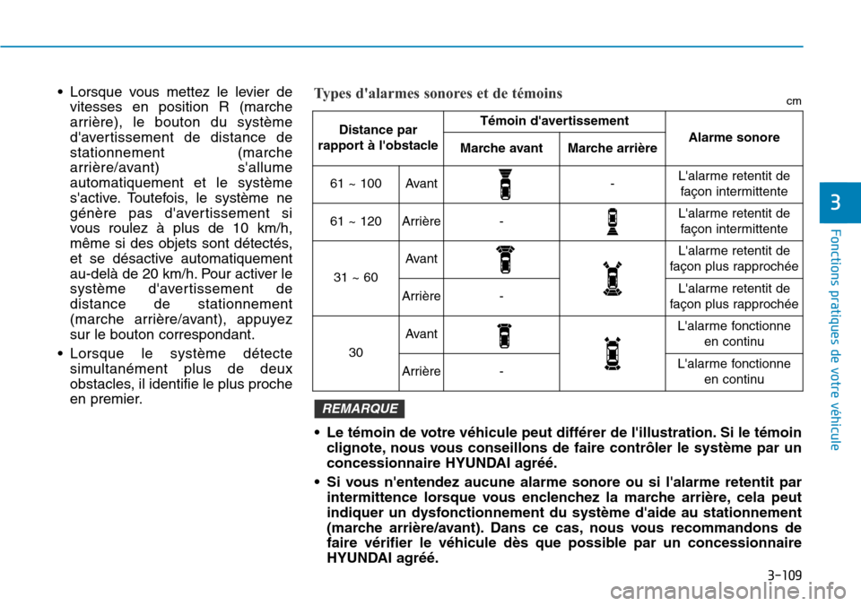 Hyundai Ioniq Electric 2019 Manuel du propriétaire (in French) 3-109
Fonctions pratiques de votre véhicule
3
• Lorsque vous mettez le levier de
vitesses en position R (marche
arrière), le bouton du système
davertissement de distance de
stationnement (march Hyundai Ioniq Electric 2019 Manuel du propriétaire (in French) 3-109
Fonctions pratiques de votre véhicule
3
• Lorsque vous mettez le levier de
vitesses en position R (marche
arrière), le bouton du système
davertissement de distance de
stationnement (march