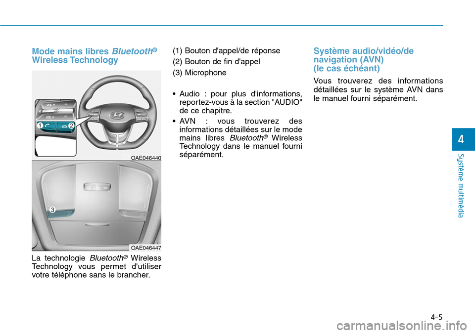 Hyundai Ioniq Electric 2019 Manuel du propriétaire (in French) Mode mains libres Bluetooth®
Wireless Technology
La technologie Bluetooth®Wireless
Technology vous permet dutiliser
votre téléphone sans le brancher.(1) Bouton dappel/de réponse
(2) Bouton de Hyundai Ioniq Electric 2019 Manuel du propriétaire (in French) Mode mains libres Bluetooth®
Wireless Technology
La technologie Bluetooth®Wireless
Technology vous permet dutiliser
votre téléphone sans le brancher.(1) Bouton dappel/de réponse
(2) Bouton de