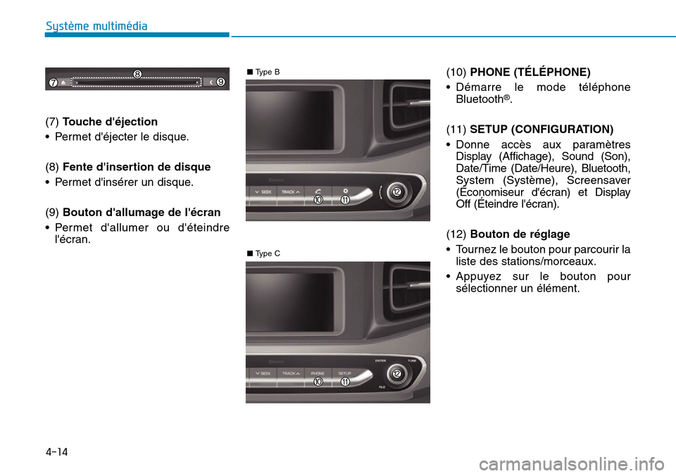 Hyundai Ioniq Electric 2019 Manuel du propriétaire (in French) 4-14
Système multimédia
(7) Touche déjection
• Permet déjecter le disque.
(8)Fente dinsertion de disque
• Permet dinsérer un disque.
(9) Bouton dallumage de lécran
• Permet dallume Hyundai Ioniq Electric 2019 Manuel du propriétaire (in French) 4-14
Système multimédia
(7) Touche déjection
• Permet déjecter le disque.
(8)Fente dinsertion de disque
• Permet dinsérer un disque.
(9) Bouton dallumage de lécran
• Permet dallume