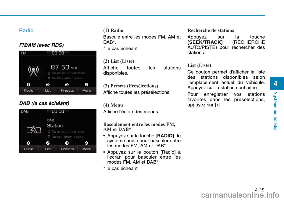 Hyundai Ioniq Electric 2019 Manuel du propriétaire (in French) 4-19
Système multimédia
4
Radio
FM/AM (avec RDS)
DAB (le cas échéant)
(1) Radio
Bascule entre les modes FM, AM et
DAB*.
* le cas échéant
(2) List (Liste)
Affiche toutes les stations
disponibles Hyundai Ioniq Electric 2019 Manuel du propriétaire (in French) 4-19
Système multimédia
4
Radio
FM/AM (avec RDS)
DAB (le cas échéant)
(1) Radio
Bascule entre les modes FM, AM et
DAB*.
* le cas échéant
(2) List (Liste)
Affiche toutes les stations
disponibles