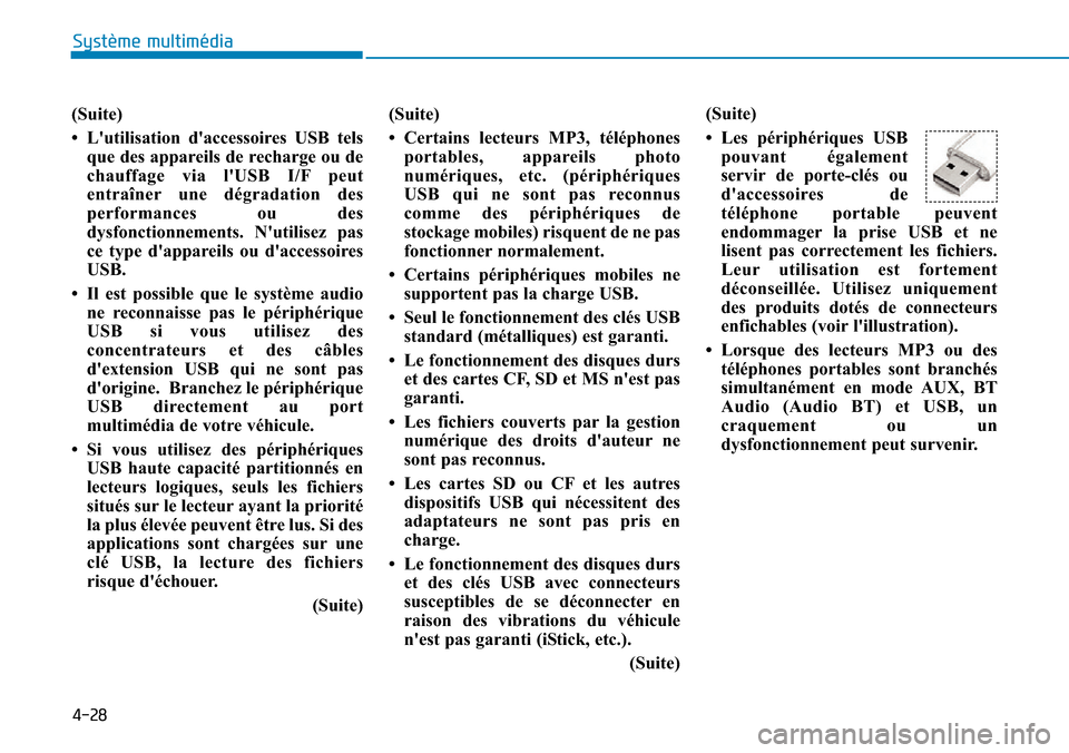 Hyundai Ioniq Electric 2019  Manuel du propriétaire (in French) 4-28
Système multimédia 
(Suite)
• Lutilisation daccessoires USB tels
que des appareils de recharge ou de
chauffage via lUSB I/F peut
entraîner une dégradation des
performances ou des
dysfonc