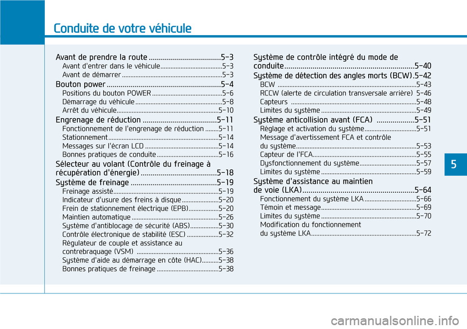 Hyundai Ioniq Electric 2019  Manuel du propriétaire (in French) Conduite de votre véhicule
Avant de prendre la route ....................................5-3
Avant dentrer dans le véhicule.....................................5-3
Avant de démarrer ..............
