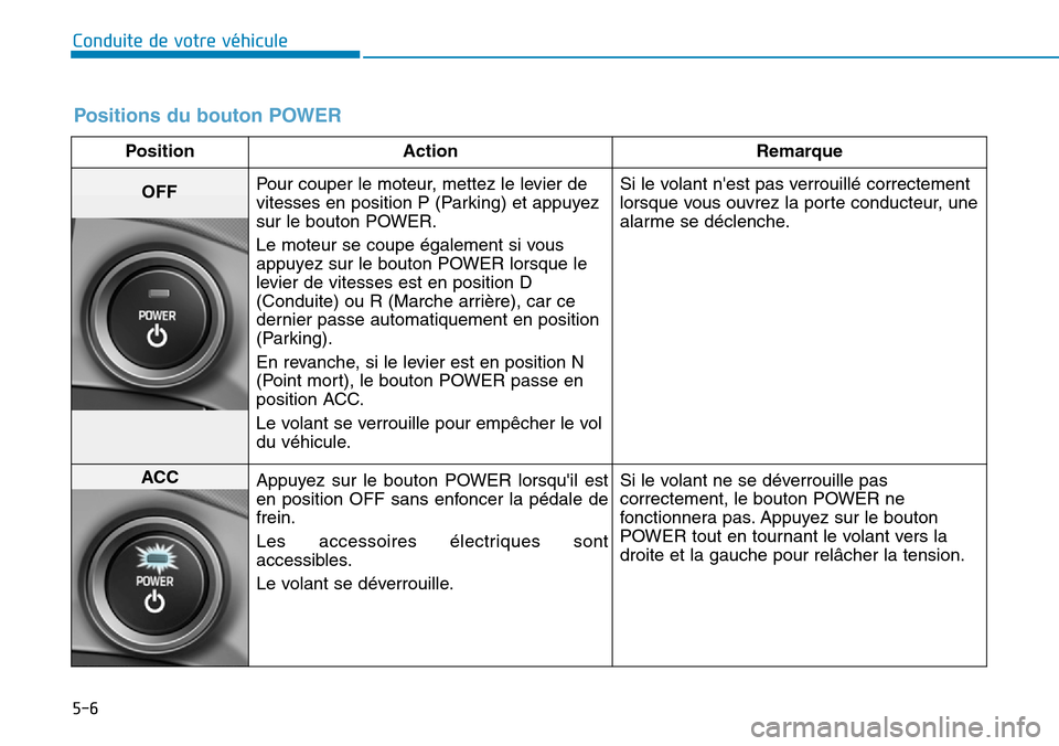 Hyundai Ioniq Electric 2019  Manuel du propriétaire (in French) 5-6
Conduite de votre véhicule
Positions du bouton POWER
Position Action Remarque
Pour couper le moteur, mettez le levier de
vitesses en position P (Parking) et appuyez
sur le bouton POWER.
Le moteur