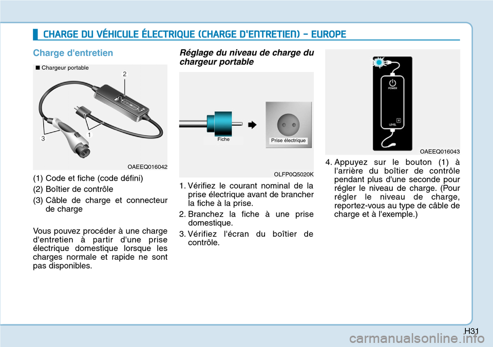 Hyundai Ioniq Electric 2019 Manuel du propriétaire (in French) H31
Charge dentretien
(1) Code et fiche (code défini)
(2) Boîtier de contrôle
(3) Câble de charge et connecteur
de charge
Vous pouvez procéder à une charge
dentretien à partir dune prise
él Hyundai Ioniq Electric 2019 Manuel du propriétaire (in French) H31
Charge dentretien
(1) Code et fiche (code défini)
(2) Boîtier de contrôle
(3) Câble de charge et connecteur
de charge
Vous pouvez procéder à une charge
dentretien à partir dune prise
él