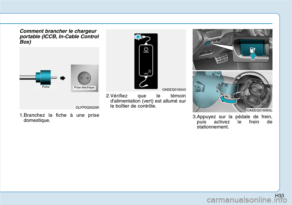 Hyundai Ioniq Electric 2019  Manuel du propriétaire (in French) H33
Comment brancher le chargeur
portable (ICCB, In-Cable Control
Box)
1.Branchez la fiche à une prise
domestique.2.Vérifiez que le témoin
dalimentation (vert) est allumé sur
le boîtier de contr