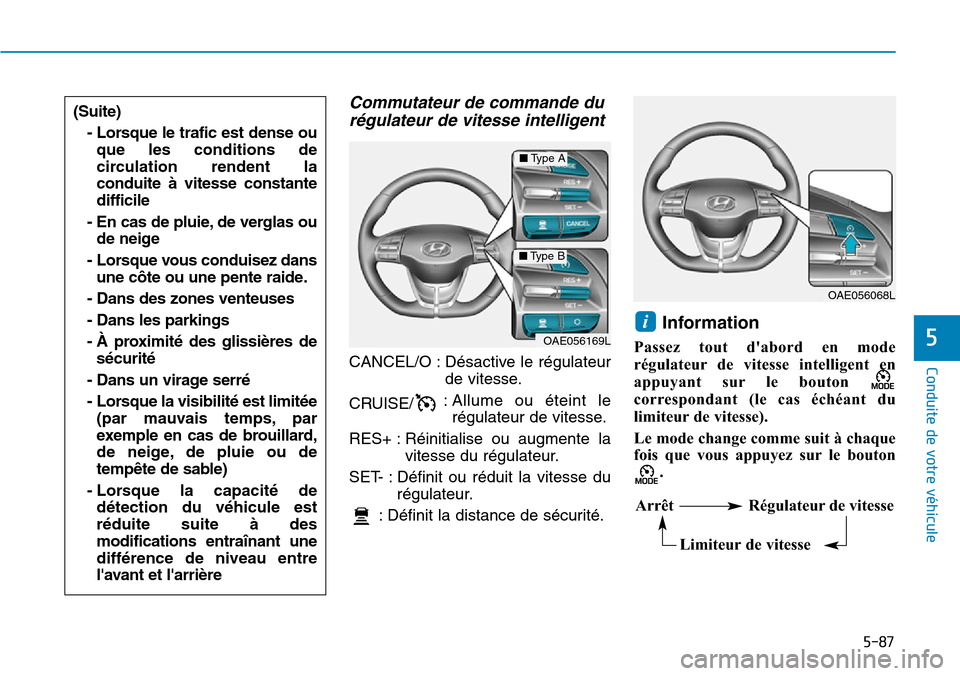 Hyundai Ioniq Electric 2019 Manuel du propriétaire (in French) 5-87
Conduite de votre véhicule
5
Commutateur de commande du
régulateur de vitesse intelligent
CANCEL/O : Désactive le régulateur
de vitesse.
CRUISE/: Allume ou éteint le
régulateur de vitesse.
Hyundai Ioniq Electric 2019 Manuel du propriétaire (in French) 5-87
Conduite de votre véhicule
5
Commutateur de commande du
régulateur de vitesse intelligent
CANCEL/O : Désactive le régulateur
de vitesse.
CRUISE/: Allume ou éteint le
régulateur de vitesse.