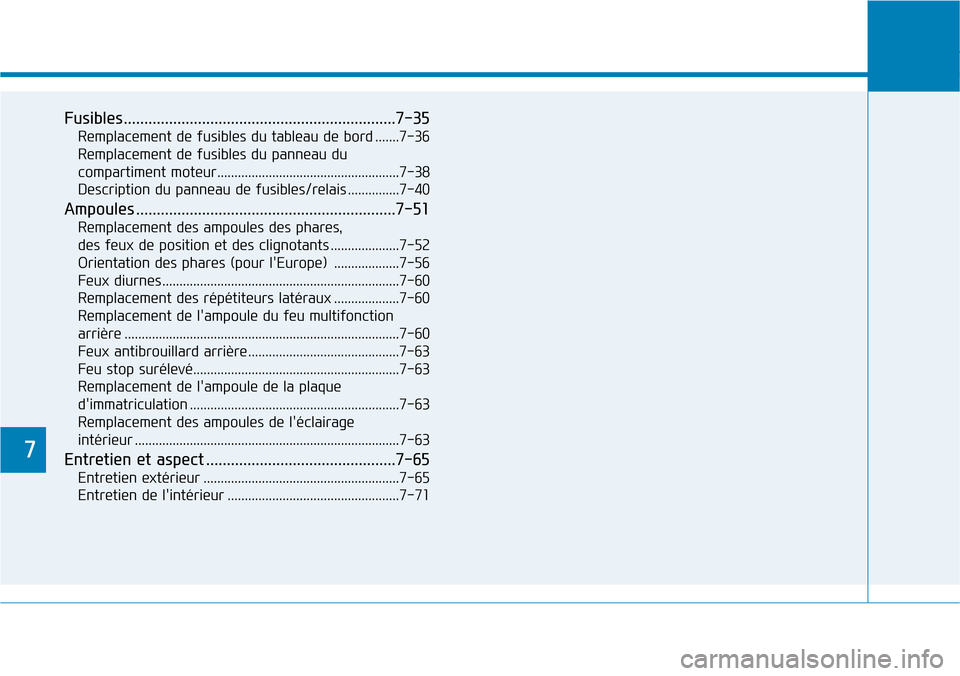 Hyundai Ioniq Electric 2019  Manuel du propriétaire (in French) 7
Fusibles..................................................................7-35
Remplacement de fusibles du tableau de bord .......7-36
Remplacement de fusibles du panneau du
compartiment moteur.....