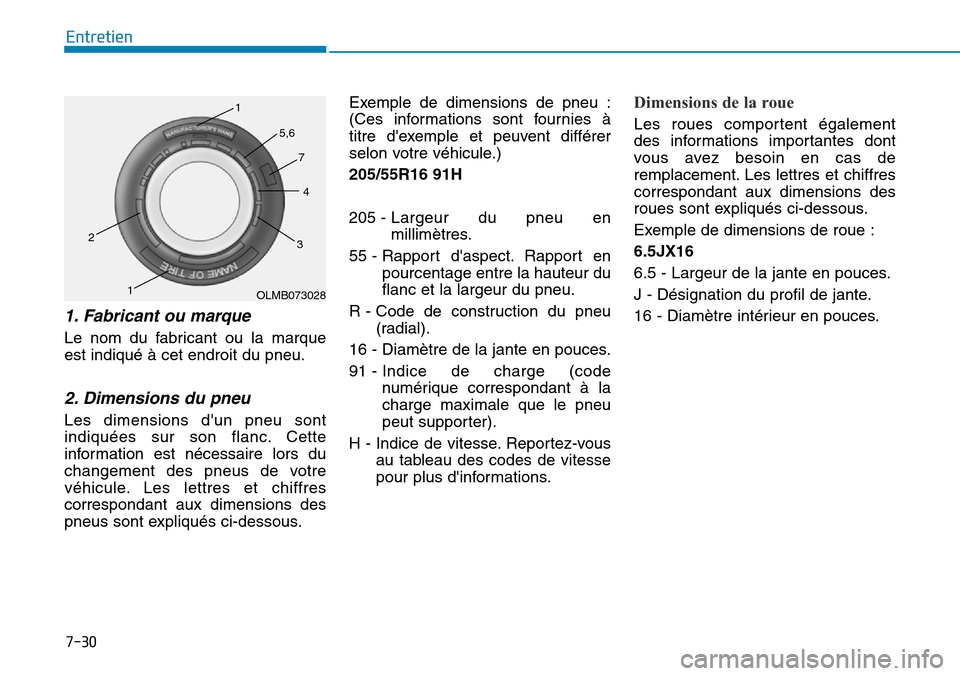 Hyundai Ioniq Electric 2019 Manuel du propriétaire (in French) 7-30
Entretien
1. Fabricant ou marque
Le nom du fabricant ou la marque
est indiqué à cet endroit du pneu.
2. Dimensions du pneu
Les dimensions dun pneu sont
indiquées sur son flanc. Cette
informat Hyundai Ioniq Electric 2019 Manuel du propriétaire (in French) 7-30
Entretien
1. Fabricant ou marque
Le nom du fabricant ou la marque
est indiqué à cet endroit du pneu.
2. Dimensions du pneu
Les dimensions dun pneu sont
indiquées sur son flanc. Cette
informat