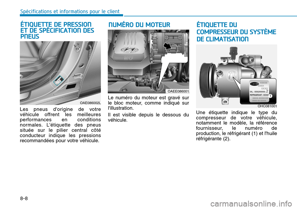 Hyundai Ioniq Electric 2019 Manuel du propriétaire (in French) 8-8
Spécifications et informations pour le client
Les pneus dorigine de votre
véhicule offrent les meilleures
performances en conditions
normales. Létiquette des pneus
située sur le pilier centr Hyundai Ioniq Electric 2019 Manuel du propriétaire (in French) 8-8
Spécifications et informations pour le client
Les pneus dorigine de votre
véhicule offrent les meilleures
performances en conditions
normales. Létiquette des pneus
située sur le pilier centr