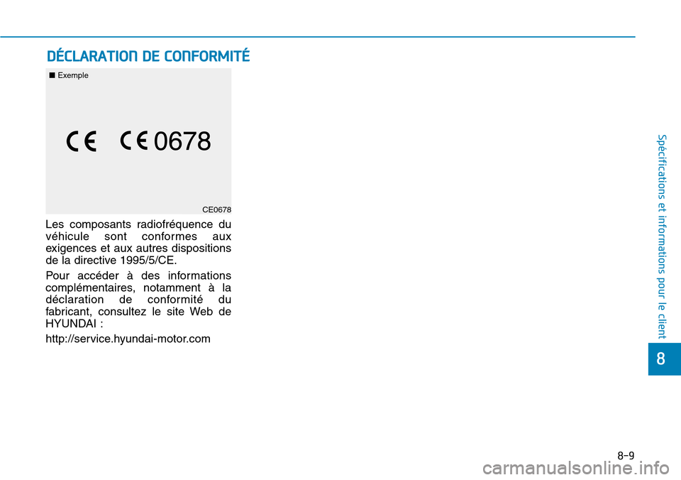 Hyundai Ioniq Electric 2019 Manuel du propriétaire (in French) 8-9
8
Spécifications et informations pour le client
Les composants radiofréquence du
véhicule sont conformes aux
exigences et aux autres dispositions
de la directive 1995/5/CE.
Pour accéder à des Hyundai Ioniq Electric 2019 Manuel du propriétaire (in French) 8-9
8
Spécifications et informations pour le client
Les composants radiofréquence du
véhicule sont conformes aux
exigences et aux autres dispositions
de la directive 1995/5/CE.
Pour accéder à des