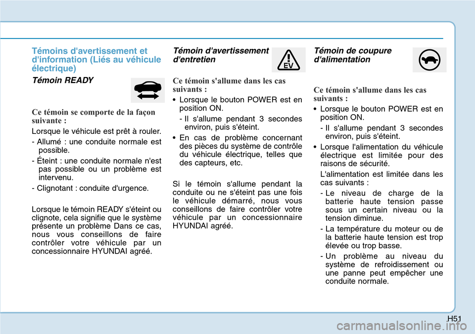 Hyundai Ioniq Electric 2019 Manuel du propriétaire (in French) H51
Témoins davertissement et
dinformation (Liés au véhicule
électrique)
Témoin READY
Ce témoin se comporte de la façon
suivante :
Lorsque le véhicule est prêt à rouler.
- Allumé : une c Hyundai Ioniq Electric 2019 Manuel du propriétaire (in French) H51
Témoins davertissement et
dinformation (Liés au véhicule
électrique)
Témoin READY
Ce témoin se comporte de la façon
suivante :
Lorsque le véhicule est prêt à rouler.
- Allumé : une c