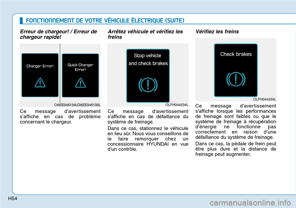 Hyundai Ioniq Electric 2019 Manuel du propriétaire (in French) H54
FONCTIONNEMENT DE VOTRE VÉHICULE ÉLECTRIQUE (SUITE)
Erreur de chargeur! / Erreur de
chargeur rapide!
Ce message davertissement
saffiche en cas de problème
concernant le chargeur.
Arrêtez vé Hyundai Ioniq Electric 2019 Manuel du propriétaire (in French) H54
FONCTIONNEMENT DE VOTRE VÉHICULE ÉLECTRIQUE (SUITE)
Erreur de chargeur! / Erreur de
chargeur rapide!
Ce message davertissement
saffiche en cas de problème
concernant le chargeur.
Arrêtez vé