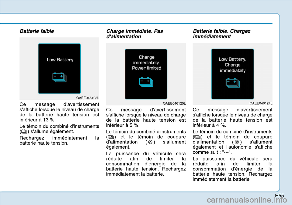 Hyundai Ioniq Electric 2019 Manuel du propriétaire (in French) H55
Batterie faible
Ce message davertissement
saffiche lorsque le niveau de charge
de la batterie haute tension est
inférieur à 13 %.
Le témoin du combiné dinstruments
( ) sallume également.
Hyundai Ioniq Electric 2019 Manuel du propriétaire (in French) H55
Batterie faible
Ce message davertissement
saffiche lorsque le niveau de charge
de la batterie haute tension est
inférieur à 13 %.
Le témoin du combiné dinstruments
( ) sallume également.
