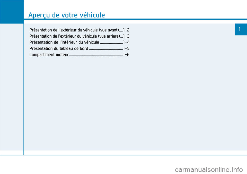 Hyundai Ioniq Electric 2019 Manuel du propriétaire (in French) Aperçu de votre véhicule
1
Aperçu de votre véhicule
1Présentation de lextérieur du véhicule (vue avant)....1-2
Présentation de lextérieur du véhicule (vue arriére) ...1-3
Présentation d Hyundai Ioniq Electric 2019 Manuel du propriétaire (in French) Aperçu de votre véhicule
1
Aperçu de votre véhicule
1Présentation de lextérieur du véhicule (vue avant)....1-2
Présentation de lextérieur du véhicule (vue arriére) ...1-3
Présentation d